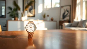 Damen Armbanduhr auf stilvollem Tisch mit elegantem Design und natürlicher Beleuchtung.
