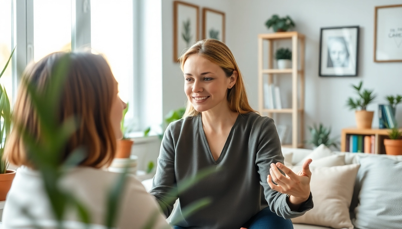 Supportive therapist helping a client dealing with anxiety in a calming office environment.