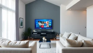 Comprar IPTV en una configuración moderna de sala de estar con un televisor y decoración contemporánea.