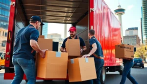 Movers Calgary unloading furniture with professionalism in a vibrant city setting.