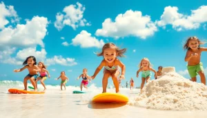 Joyful 30a kids playing on the beach with surfboards and sandcastles under a sunny sky.
