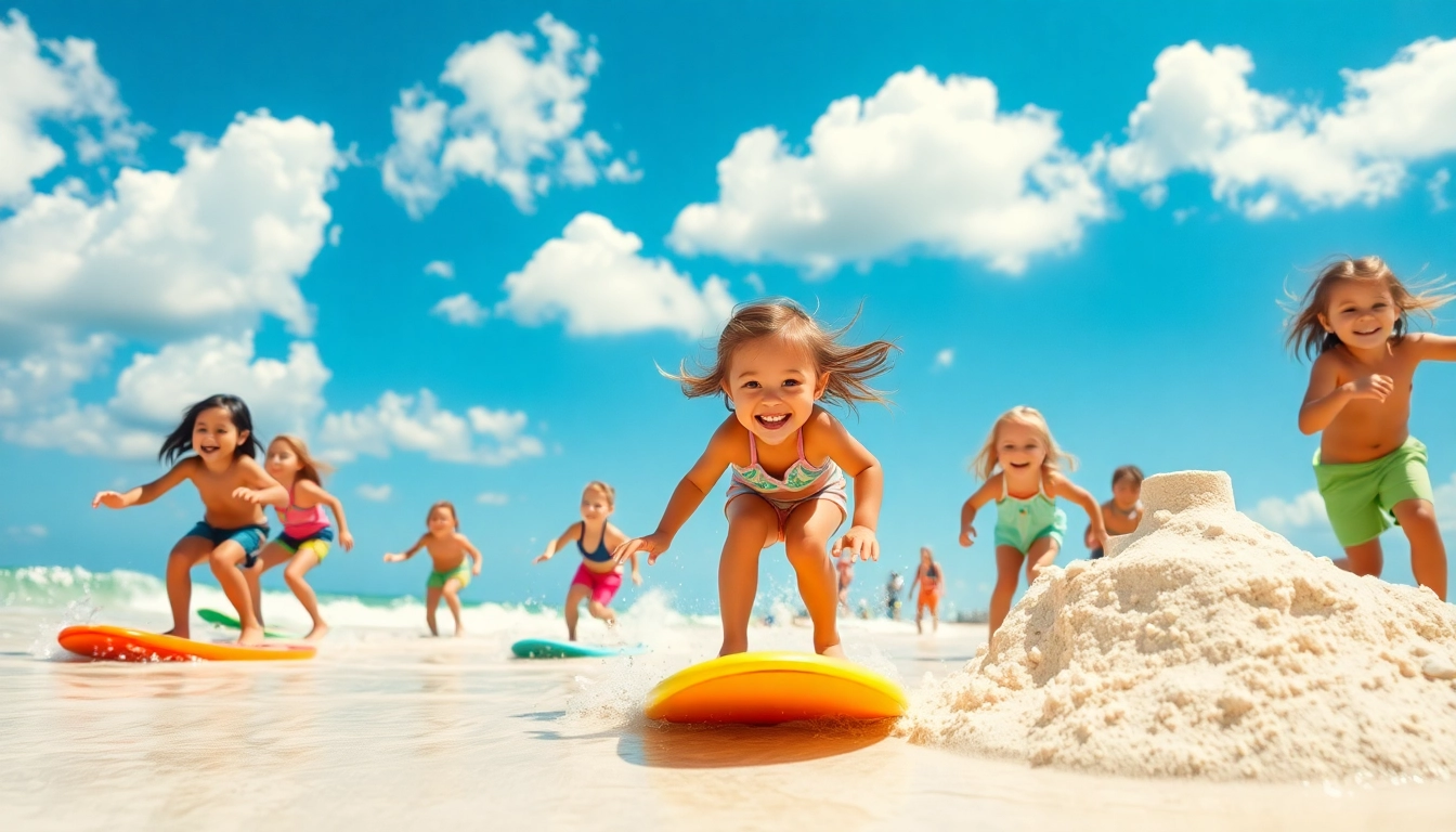 Joyful 30a kids playing on the beach with surfboards and sandcastles under a sunny sky.