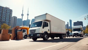 Movers in Toronto Ontario coordinating a move with key equipment and urban backdrop.