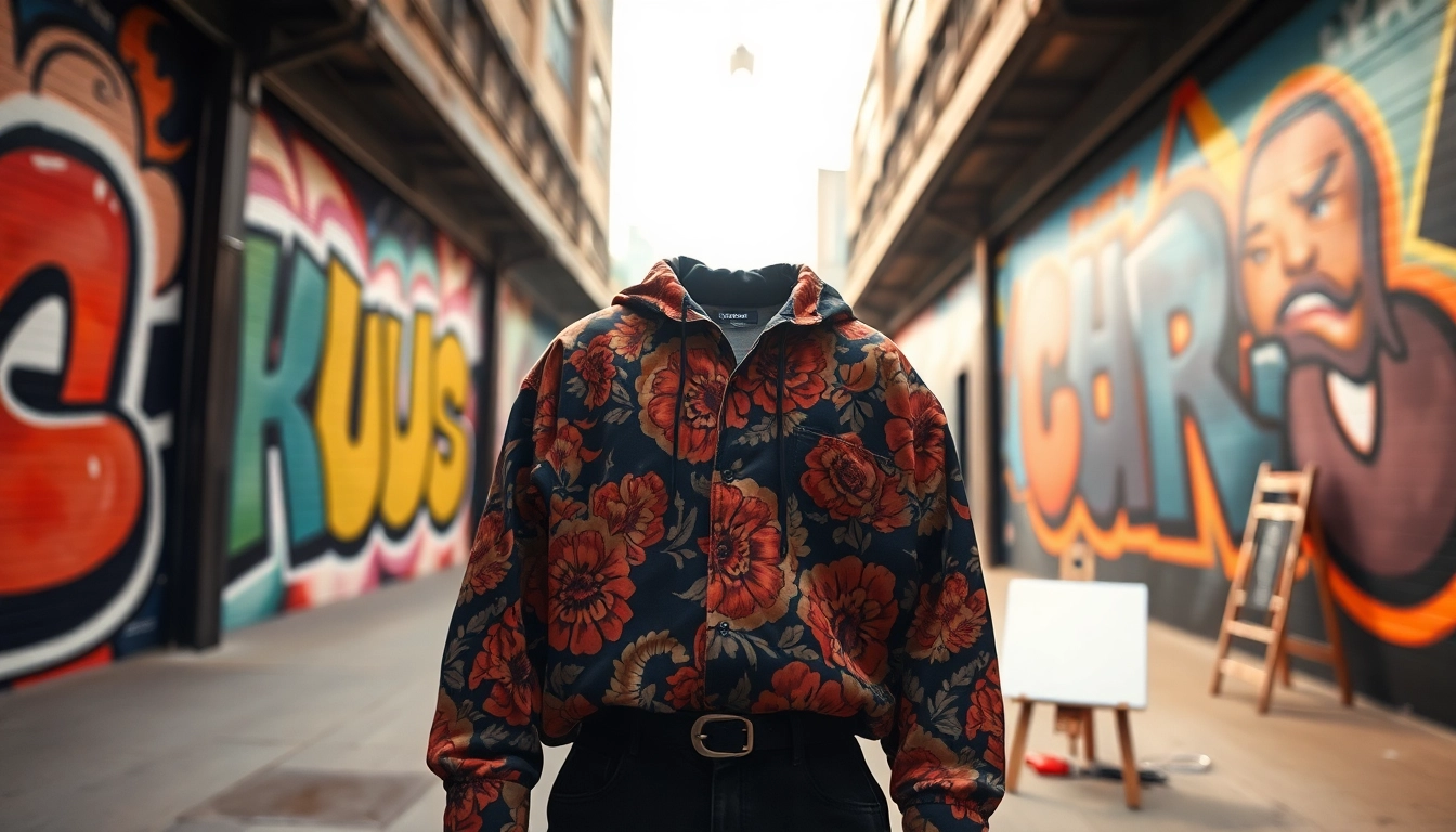 Showcasing premium art clothing Calgary against an artistic backdrop, emphasizing creativity and fashion.